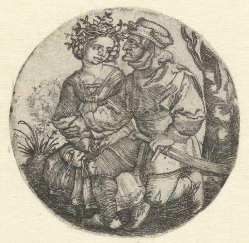 Zittende man houdt hand vast van vrouw met krans op hoofd by Hans Sebald Beham
