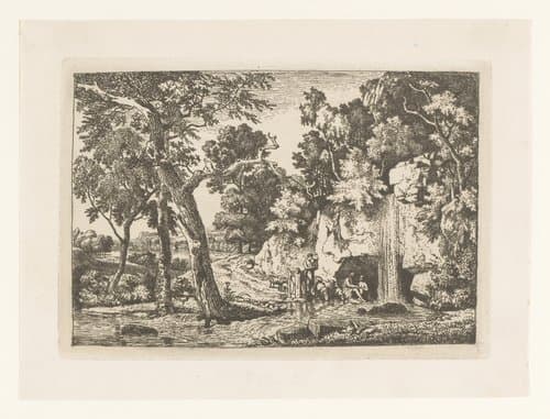 Landschap met een lierspelende herder bij een grot en waterval by Jean Louis Demarne