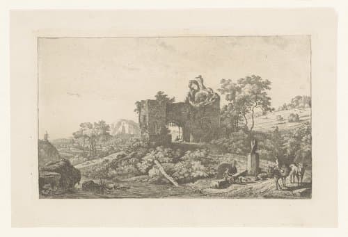Landschap met ruïne van een poort en figuren