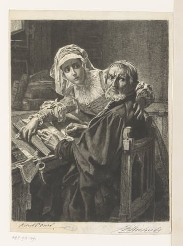 Oude man en een vrouw lezen verboden lectuur by Jean Baptiste Pierre Michiels