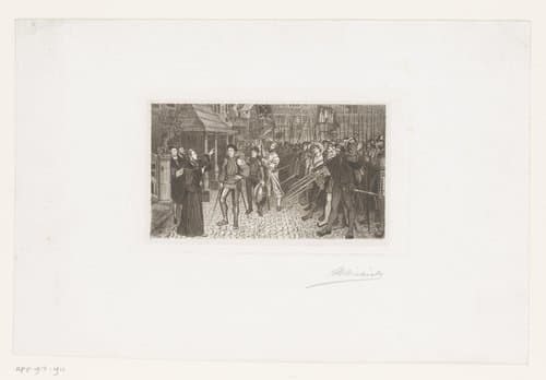 Burgemeester Lancelot van Ursel geeft schepen Cornelis van Spangen het bevel over de burgerwacht by Jean Baptiste Pierre Michiels