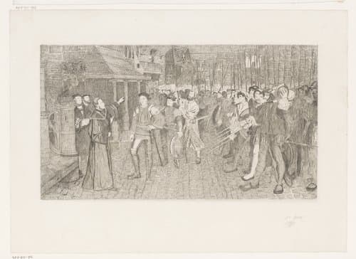 Burgemeester Lancelot van Ursel geeft schepen Cornelis van Spangen het bevel over de burgerwacht by Jean Baptiste Pierre Michiels
