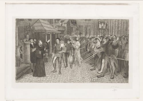 Burgemeester Lancelot van Ursel geeft schepen Cornelis van Spangen het bevel over de burgerwacht by Jean Baptiste Pierre Michiels