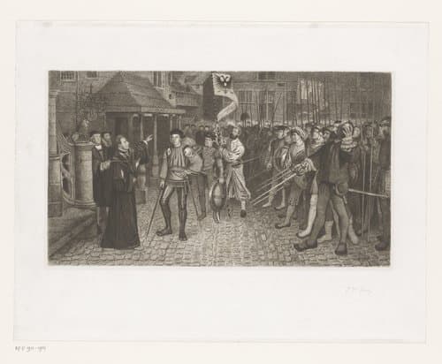 Burgemeester Lancelot van Ursel geeft schepen Cornelis van Spangen het bevel over de burgerwacht by Jean Baptiste Pierre Michiels