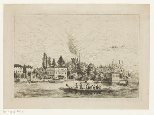 Berglandschap met bebouwde oever by Frederic Mylius
