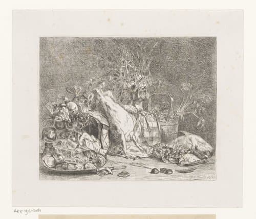 Stilleven van bloemen, vruchten en wild