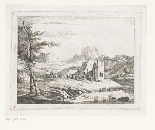 Landschap met twee wandelaars bij een ruïne by Auguste Herman Marie De Noter