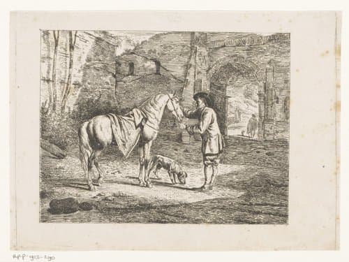 Man met paard en hond bij een vervallen poort by Auguste Herman Marie De Noter