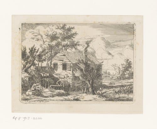 Landschap met watermolen en een visser