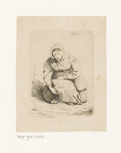 Gehurkte vrouw plast op de grond by Emanuel Noterman