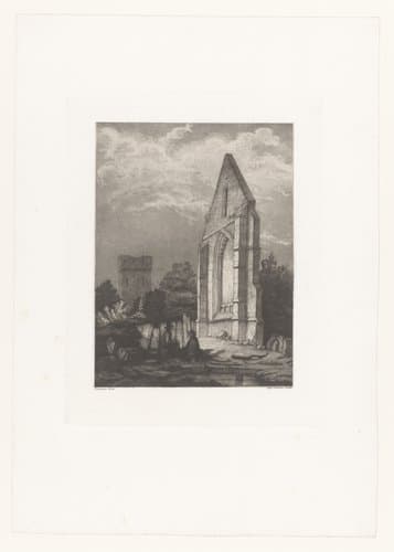 Landschap met man en een vrouw rustend bij een gothische ruïne by Auguste Numans
