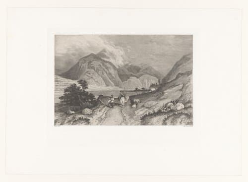 Berglandschap met man te paard en een vrouw met geiten by Auguste Numans