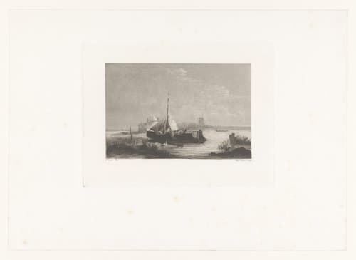 Landschap met trekschuit en molen op de achtergrond by Auguste Numans