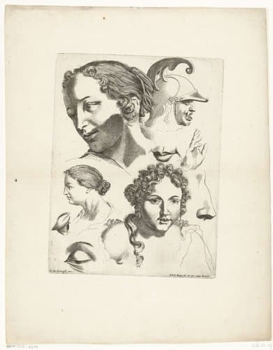 Studieblad met drie vrouwenhoofden en een man met helm by Pieter van den Berge