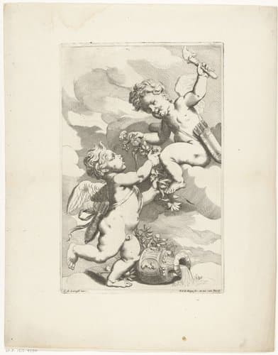 Twee putti met een bloemguirlande by Pieter van den Berge