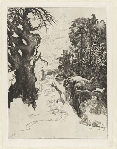 Onvoltooid berglandschap met boom en dieren by Rodolphe Bresdin