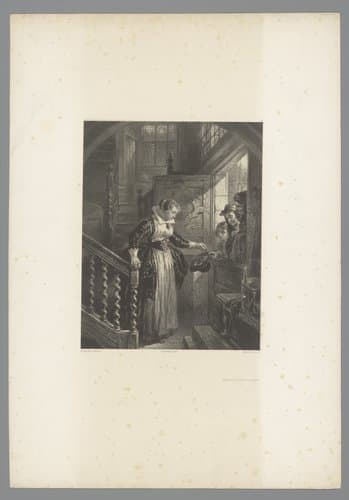 Vrouw geeft bedelaars een aalmoes aan de deur by Adolphe Mouilleron