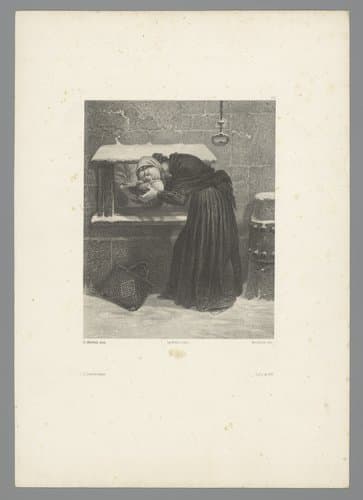 Vrouw koestert haar baby vlak voor ze het kind afgeeft aan het kindertehuis by Adolphe Mouilleron