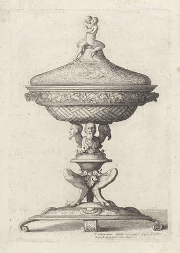 Ornamentele bokaal met elkaar omhelzend paar by Wenceslaus Hollar