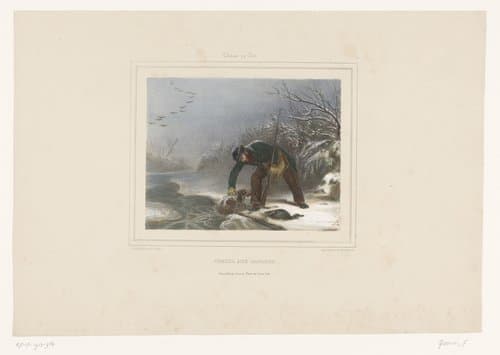Jager met jachthond en dode eend in de sneeuw by François Grenier