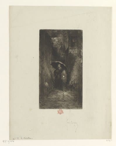 Twee vrouwen in een donkere steeg met een lantaarn in de regen by Félix Hilaire Buhot