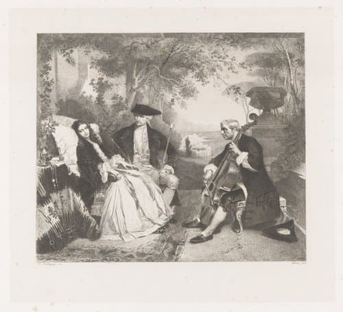 Cellist speelt voor vrouw in armstoel by Adolphe Lalauze