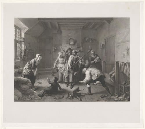 Jacht op een rat door een groep mensen in een interieur by Jean-Baptiste Meunier