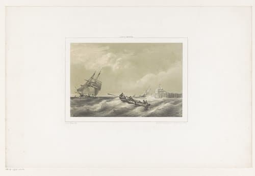 Zeilschip en roeiboot op zee by Louis Meijer