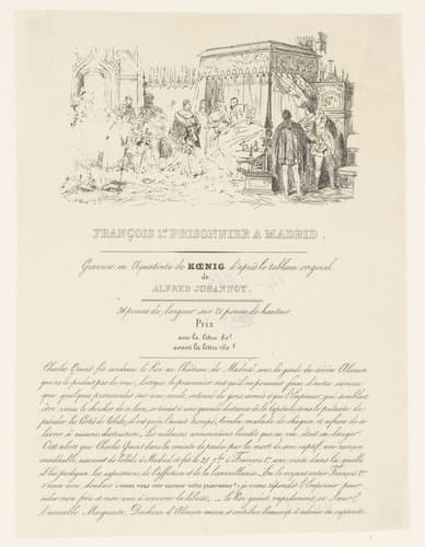 Aankondiging van prent met Frans I van Frankrijk als gevangene in Madrid
