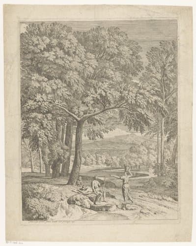 Arcadisch landschap met twee mannen en een korfdragende vrouw by Théodore
