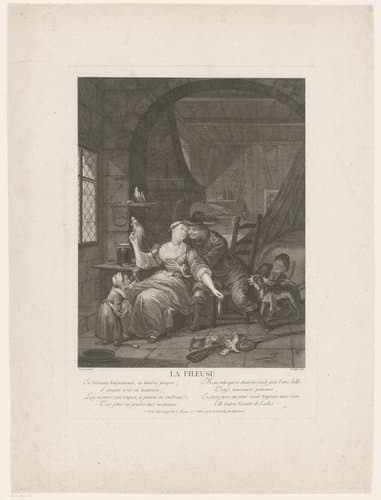 Interieur met koppel in omhelzing by Claude Augustin Duflos