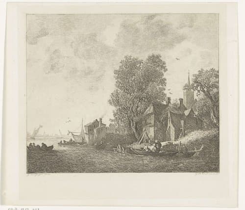 Gezicht op een dorp aan een rivier by Johannes Arnoldus Boland
