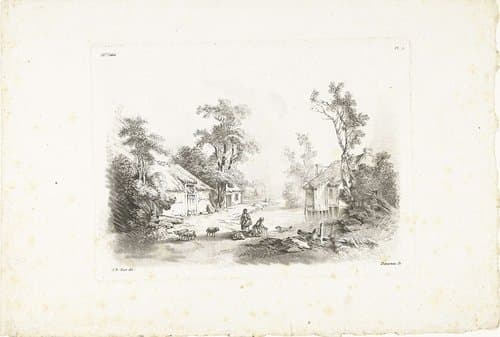 Landschap met boerderij en wasvrouw bij water by Gilles Demarteau