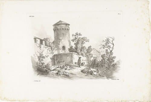 Landschap met kasteel en herder met vee by Gilles Demarteau