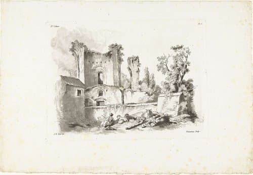 Landschap met ruïne en herderin met vee by Gilles Demarteau