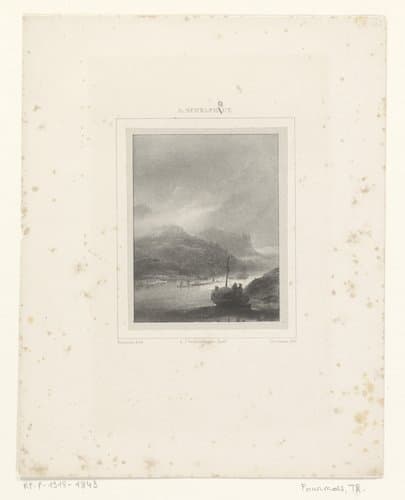 Heuvellandschap met boot op een rivier by Théodore Fourmois