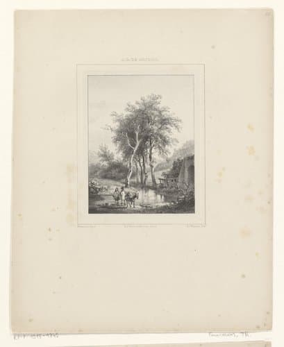 Landschap met twee figuren en een ezel by Théodore Fourmois