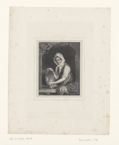 Jonge vrouw poetst een ketel by Théodore Fourmois