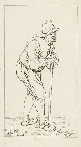 Man leunend op stok by Pieter de Mare