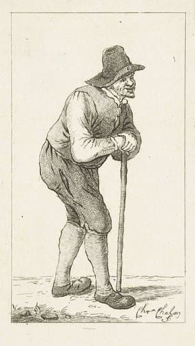 Man leunend op stok by Pieter de Mare
