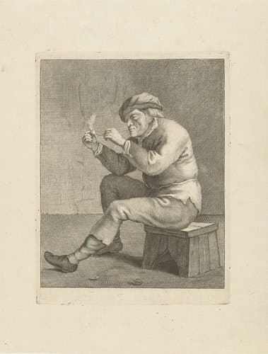 Man rookt pijp zittend op een krukje by Abraham Delfos