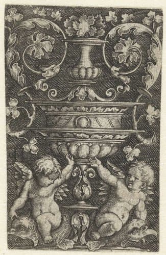 Ornament met twee putti op dolfijnen onder een vaas by Jacob Binck