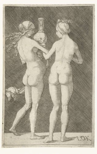 Twee naakte vrouwen met schedel en zandloper by Ludwig Krug