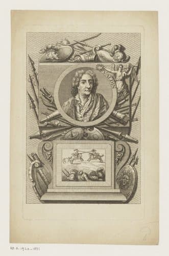 Portret van een onbekende man, mogelijk Valdin, in een cartouche met wapens by Pierre Fourdrinier