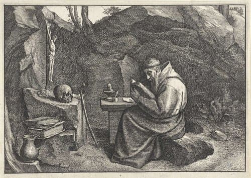 H. Franciscus lezend in een grot by Wenceslaus Hollar