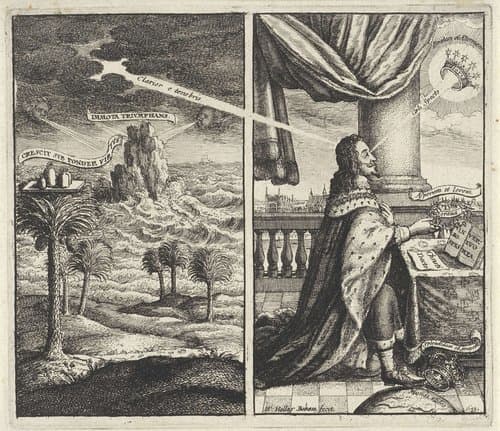 Tropisch landschap met woeste zee / Goddelijke kroning van koning Karel I van Engeland by Wenceslaus Hollar