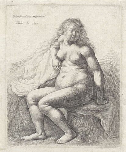 Naakte vrouw, gezeten op een verhoging by Wenceslaus Hollar