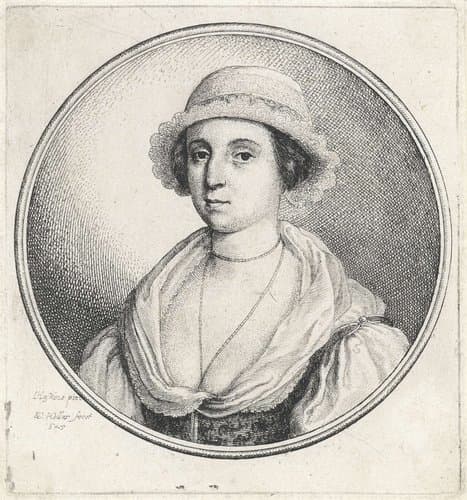 Vrouw met laag decolleté en kanten mutsje by Wenceslaus Hollar