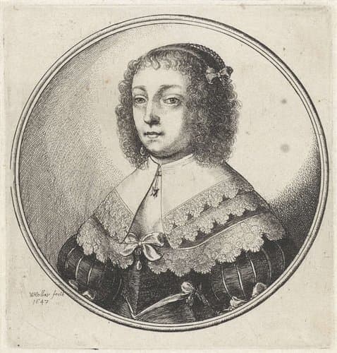 Vrouw met grote kanten kraag en gekruld haar by Wenceslaus Hollar