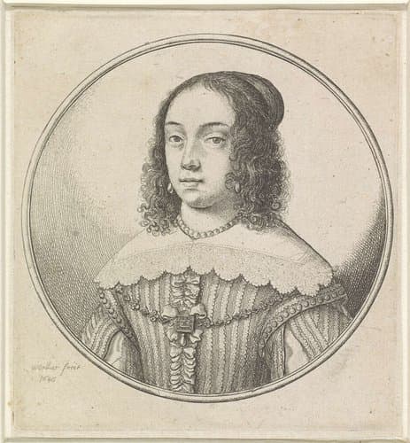 Vrouw met kanten kraag, parelketting en gekruld haar by Wenceslaus Hollar